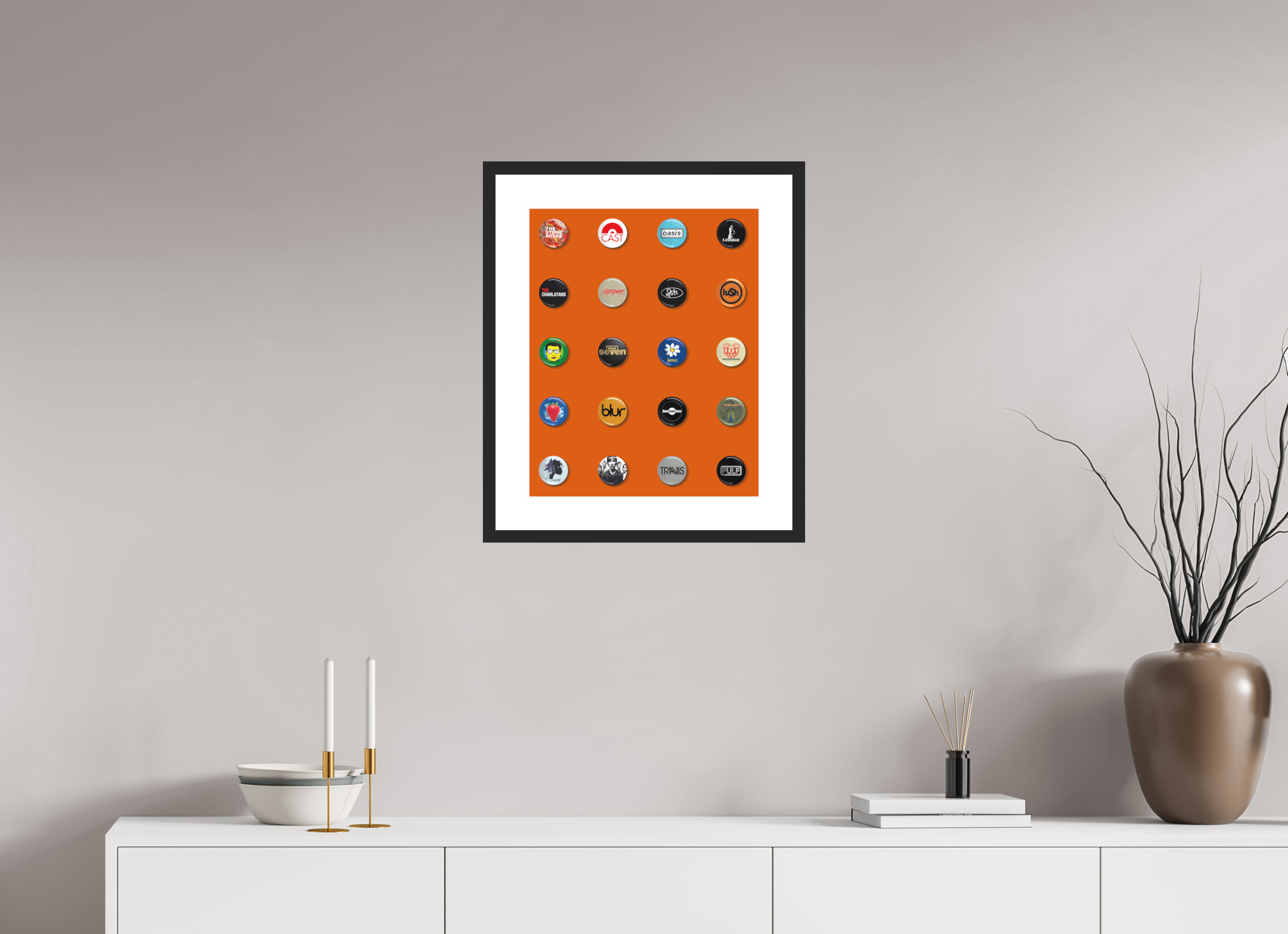 40 x 50 cm, FRAMED BLACK Badges of my life Indie edition Orange