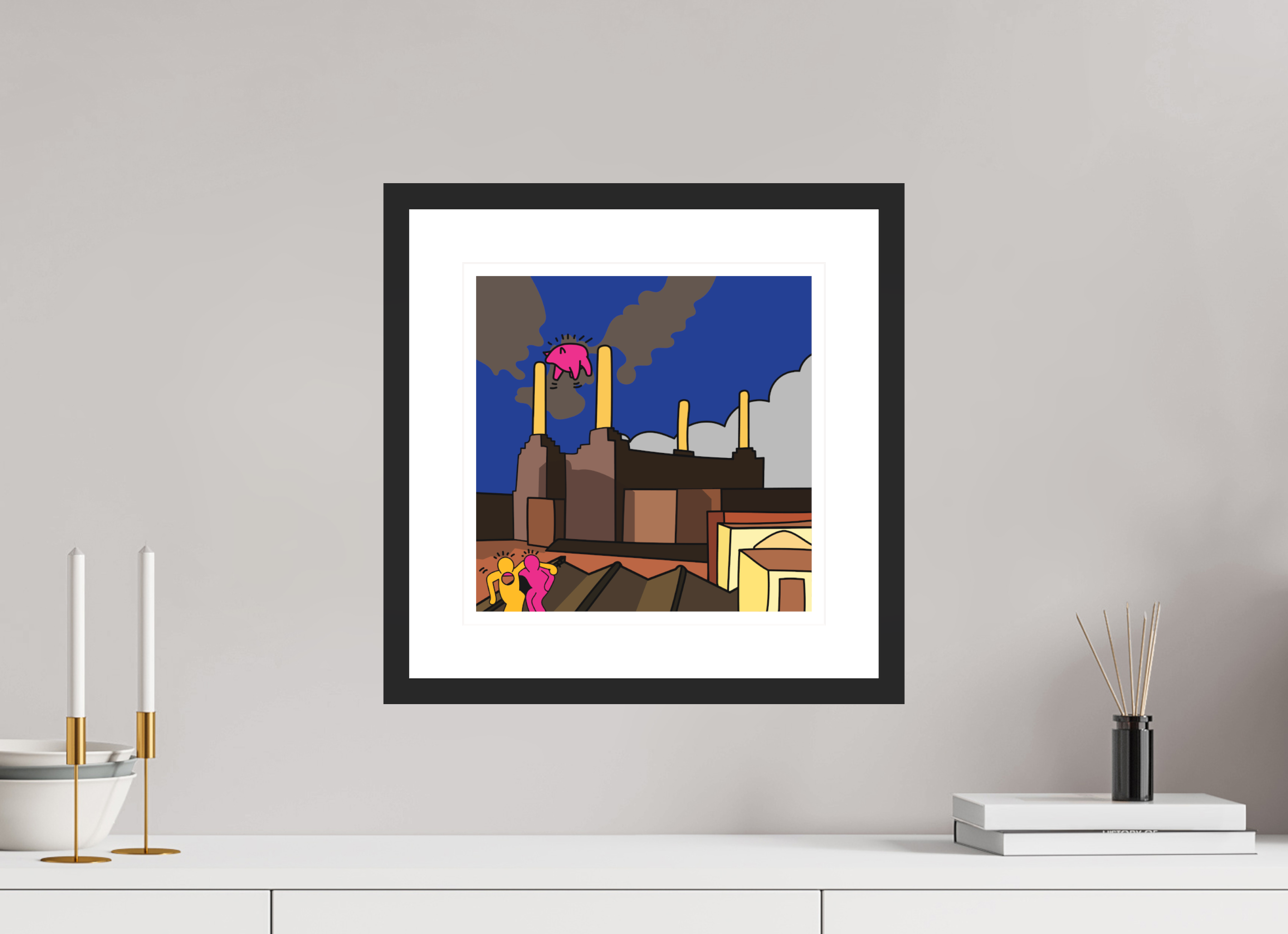 30 x 30 cm, FRAMED BLACK Animals Pink Floyd