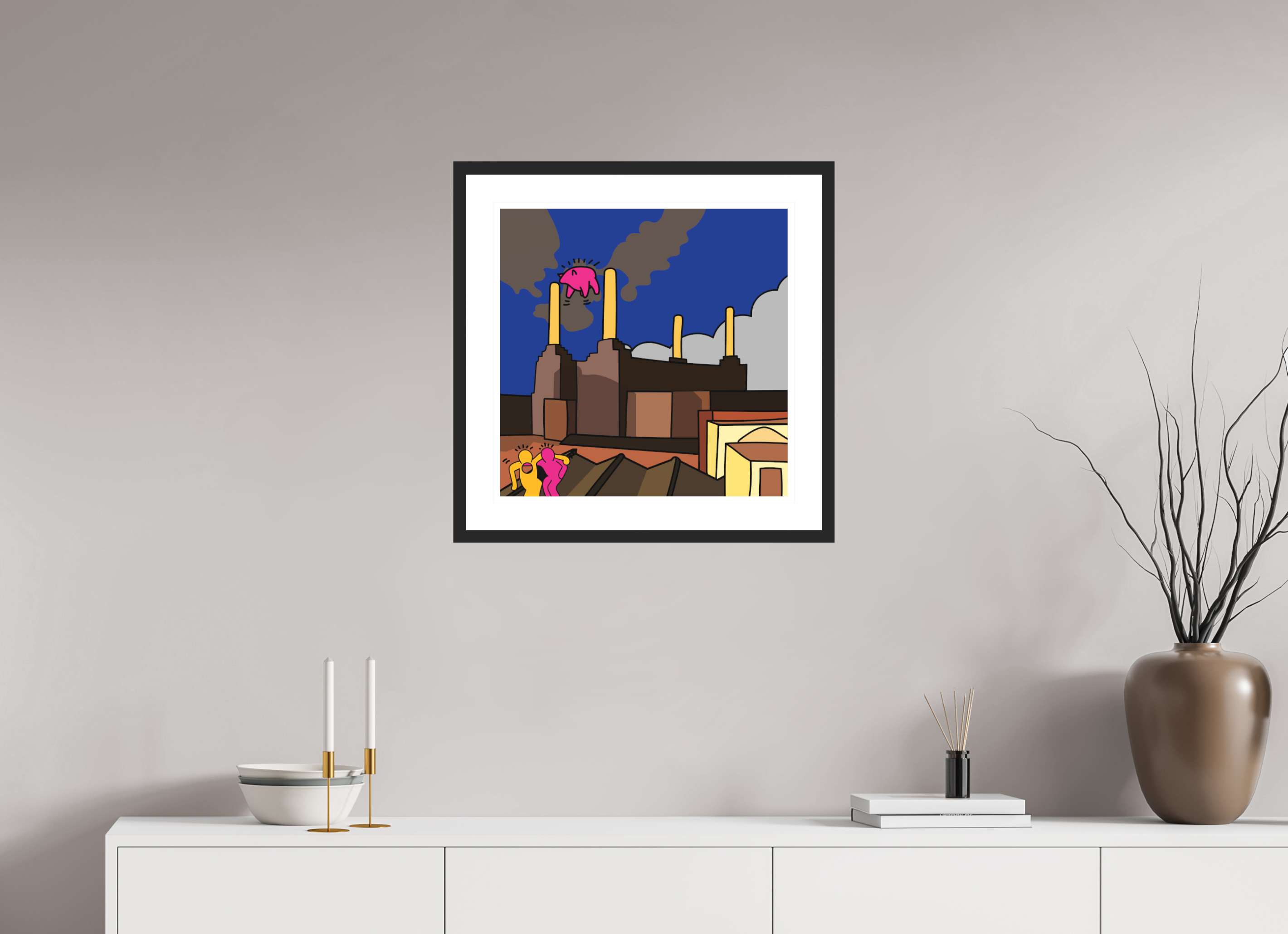 50 x 50 cm, FRAMED BLACK Animals Pink Floyd