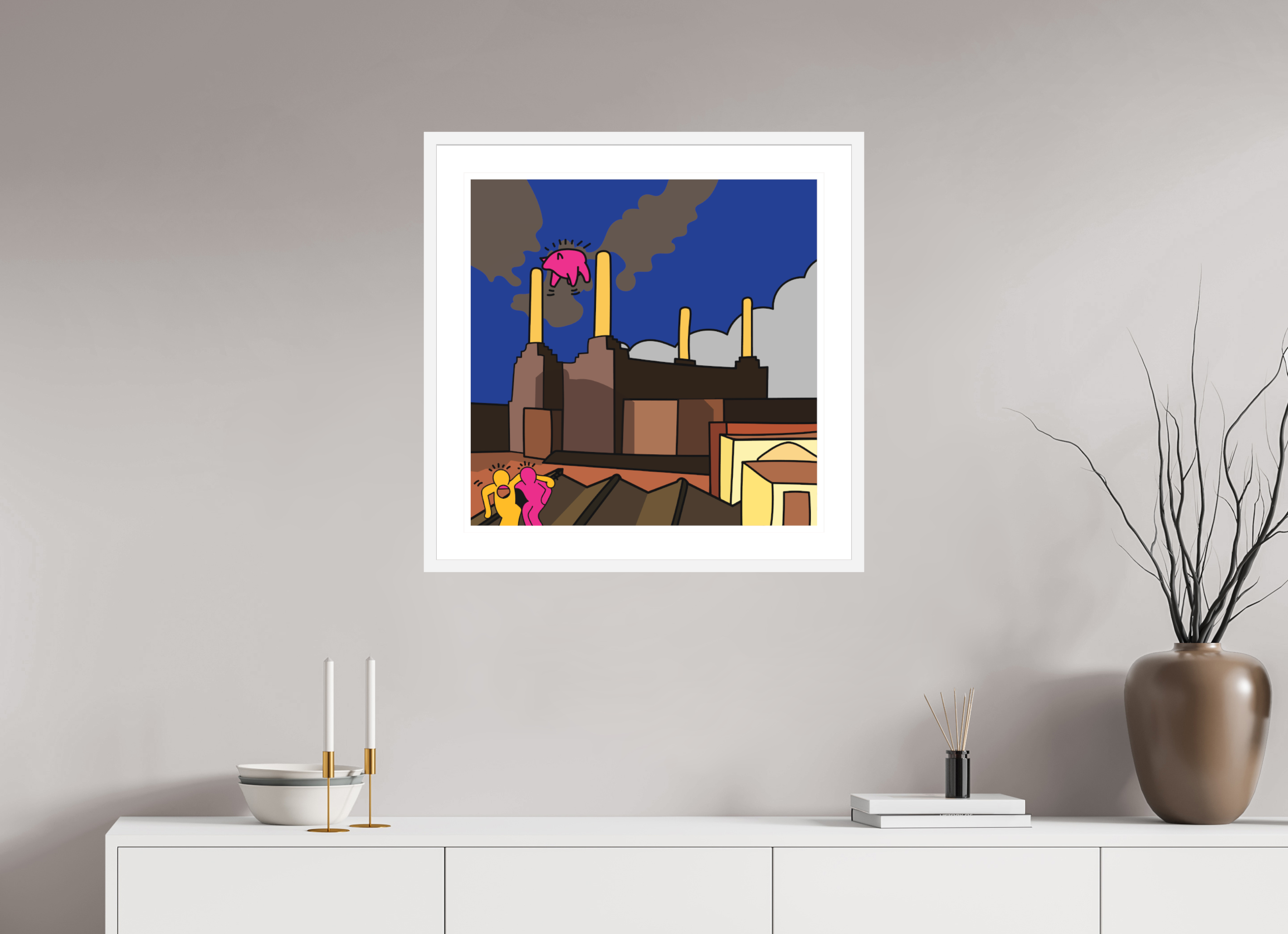 60 x 60 cm, FRAMED WHITE Animals Pink Floyd