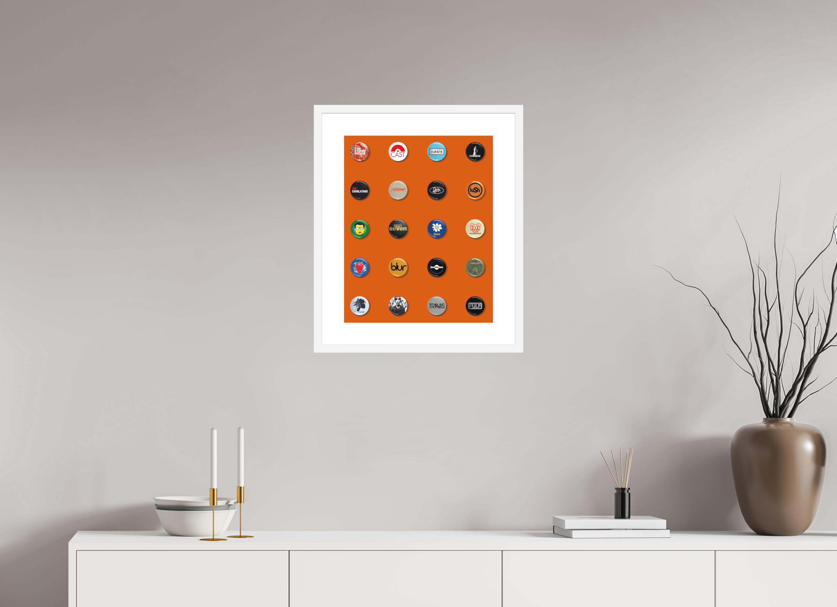 40 x 50 cm, FRAMED WHITE Badges of my life Indie edition Orange