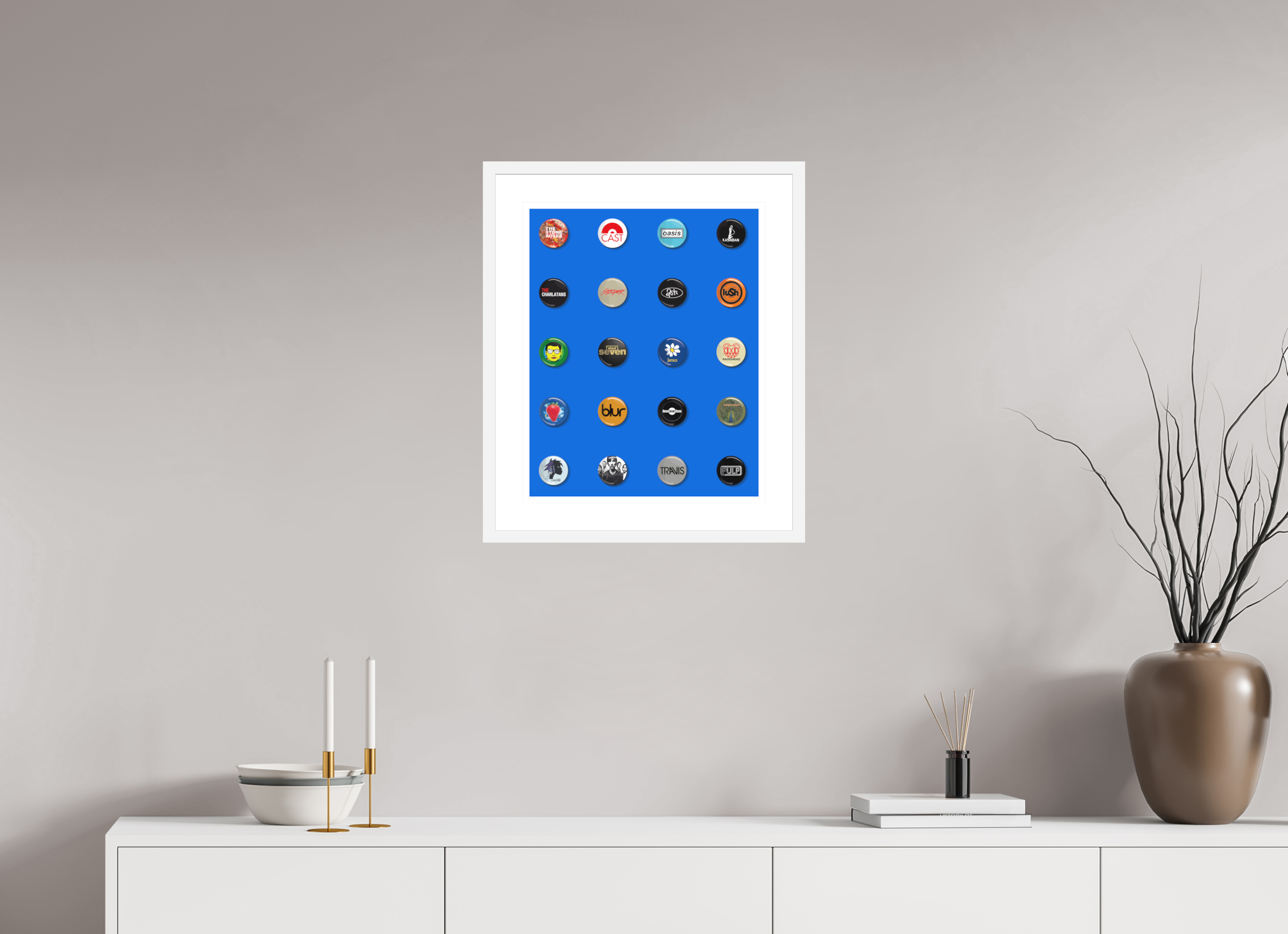 40 x 50 cm, FRAMED WHITE Badges of my life Indie edition blue