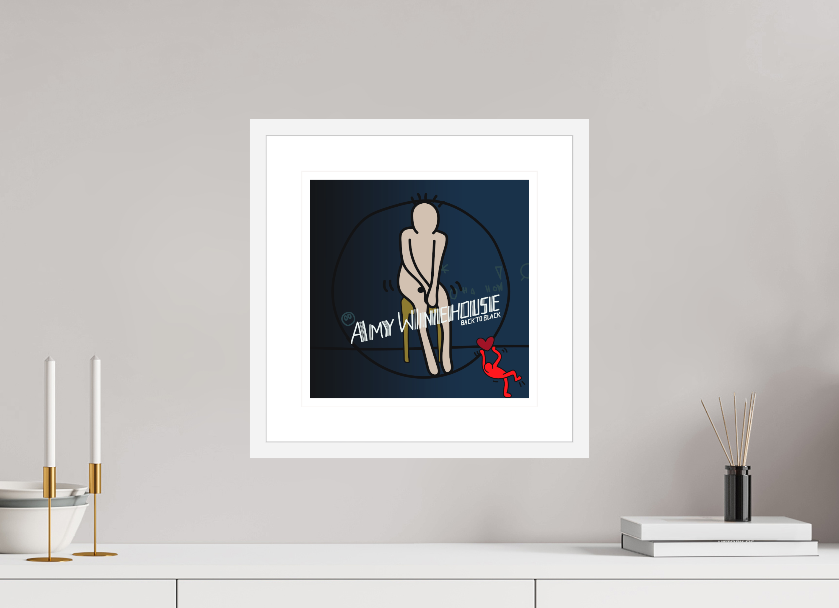 30 x 30 cm, FRAMED WHITE Back to black