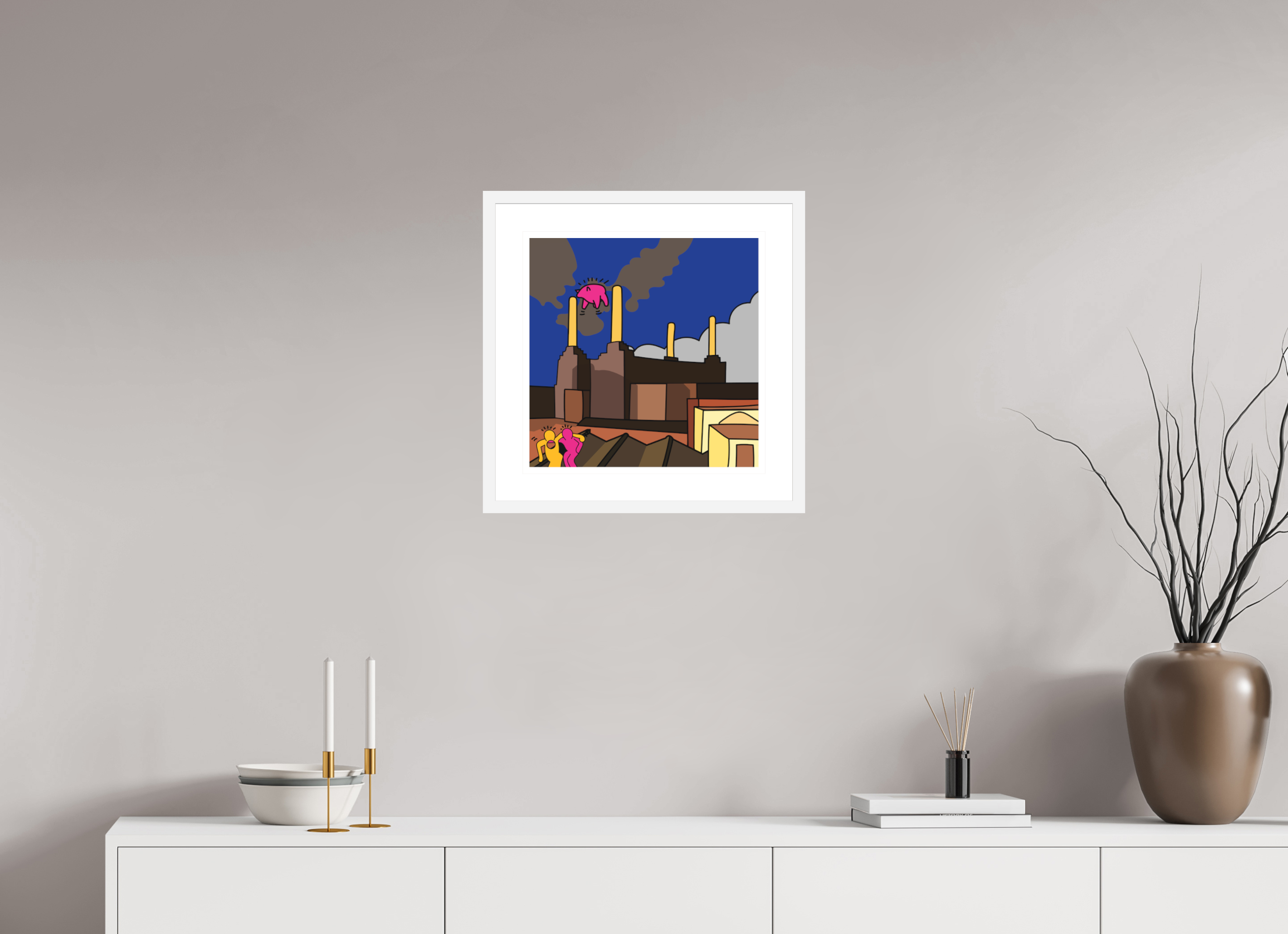 40 x 40 cm, FRAMED WHITE Animals Pink Floyd