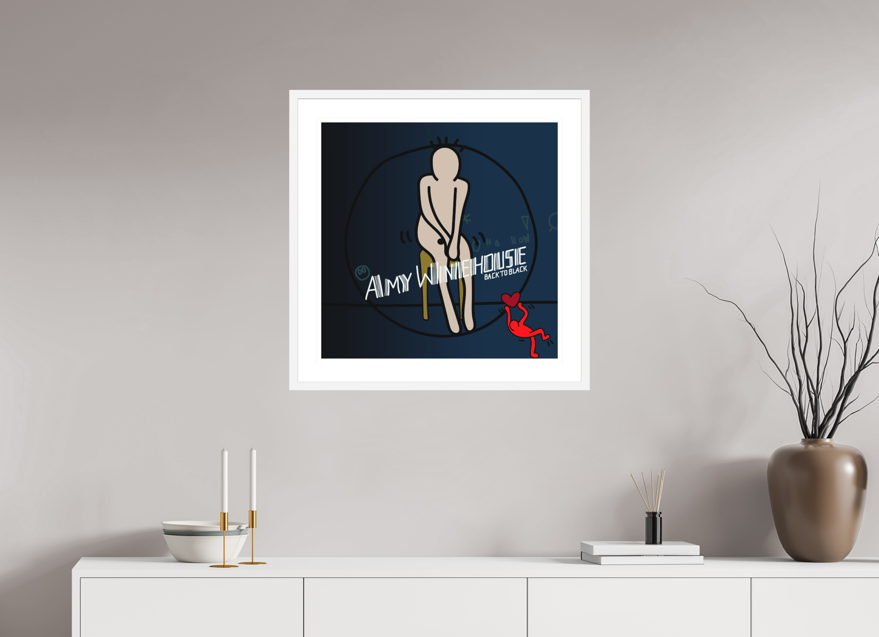 60 x 60 cm, FRAMED WHITE Back to black