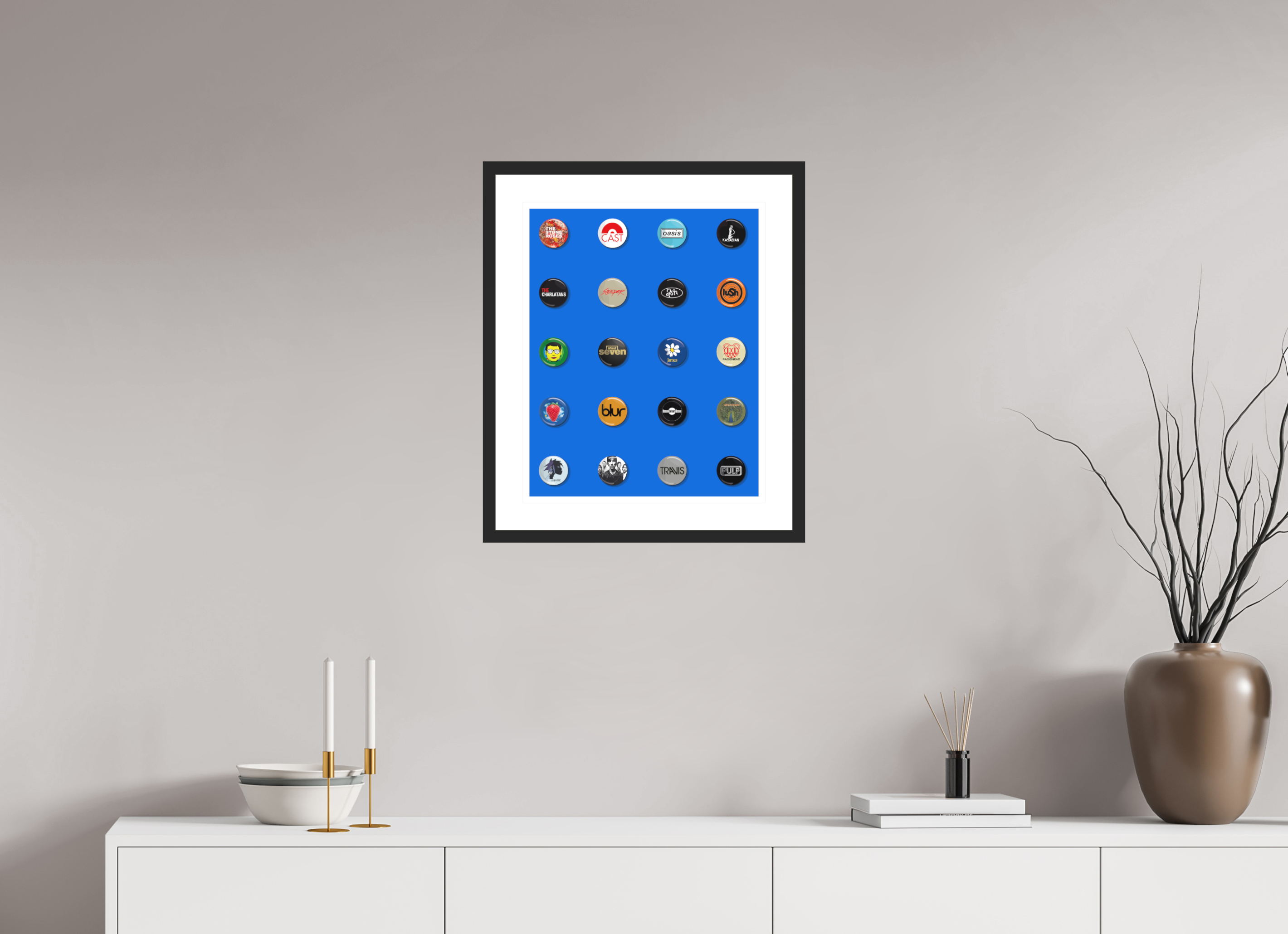 40 x 50 cm, FRAMED BLACK Badges of my life Indie edition blue