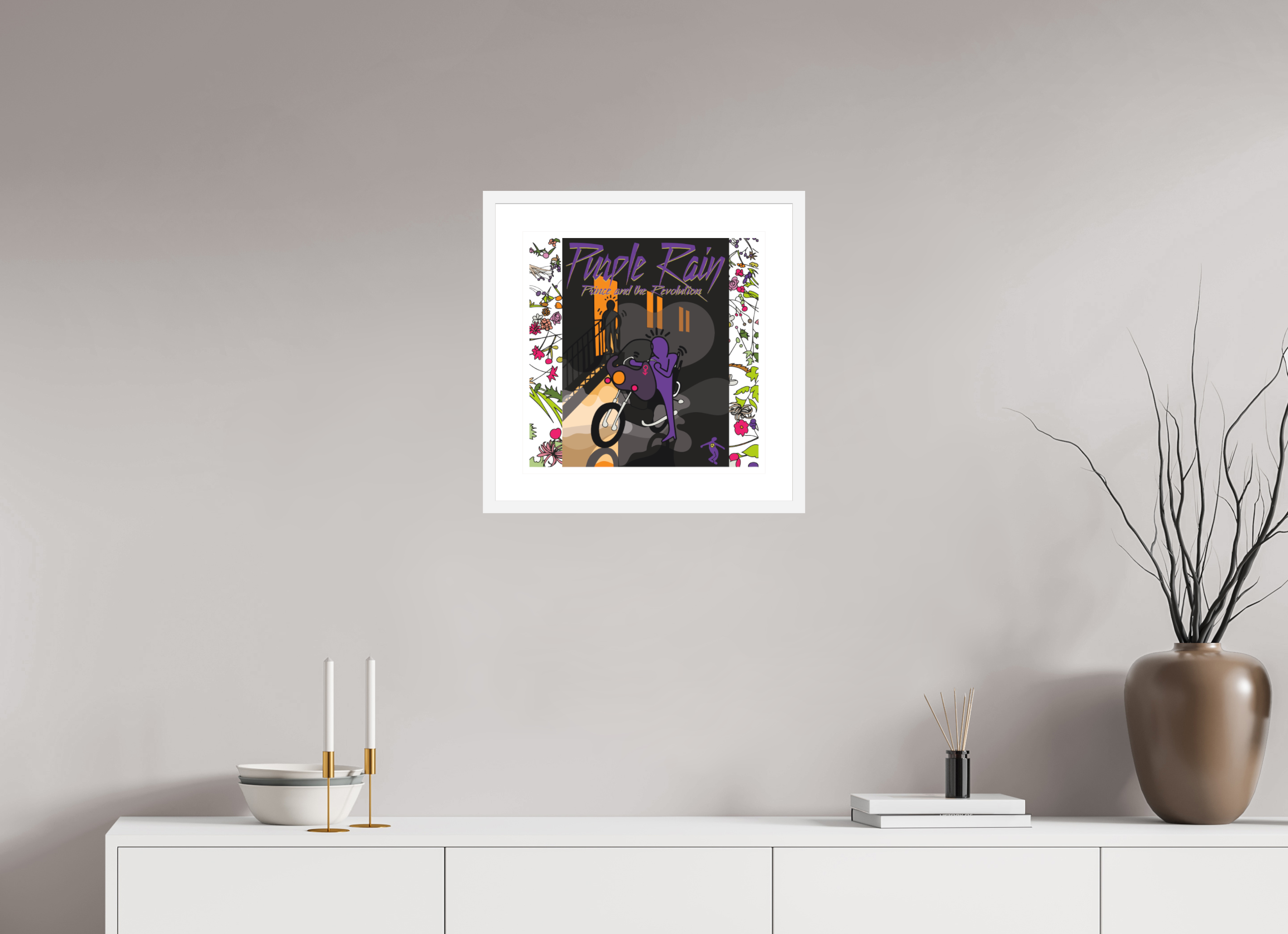 40 x 40 cm, FRAMED WHITE Purple rain