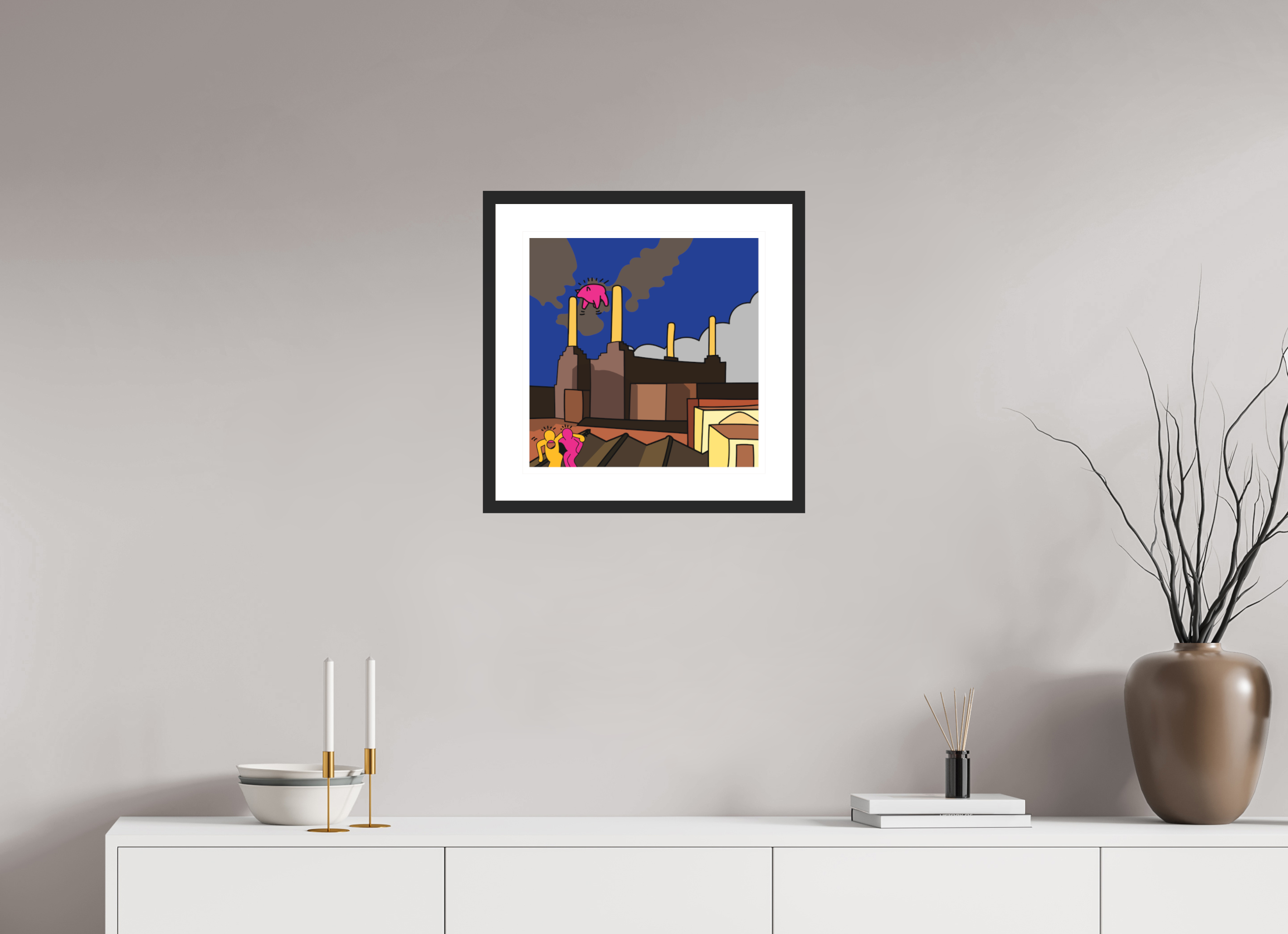 40 x 40 cm, FRAMED BLACK Animals Pink Floyd