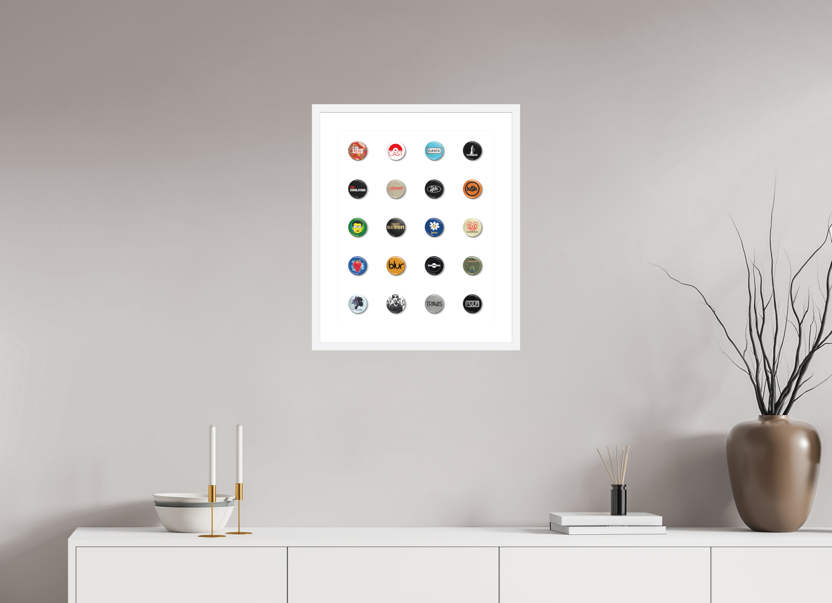 40 x 50 cm, FRAMED WHITE Badges of my life Indie edition white