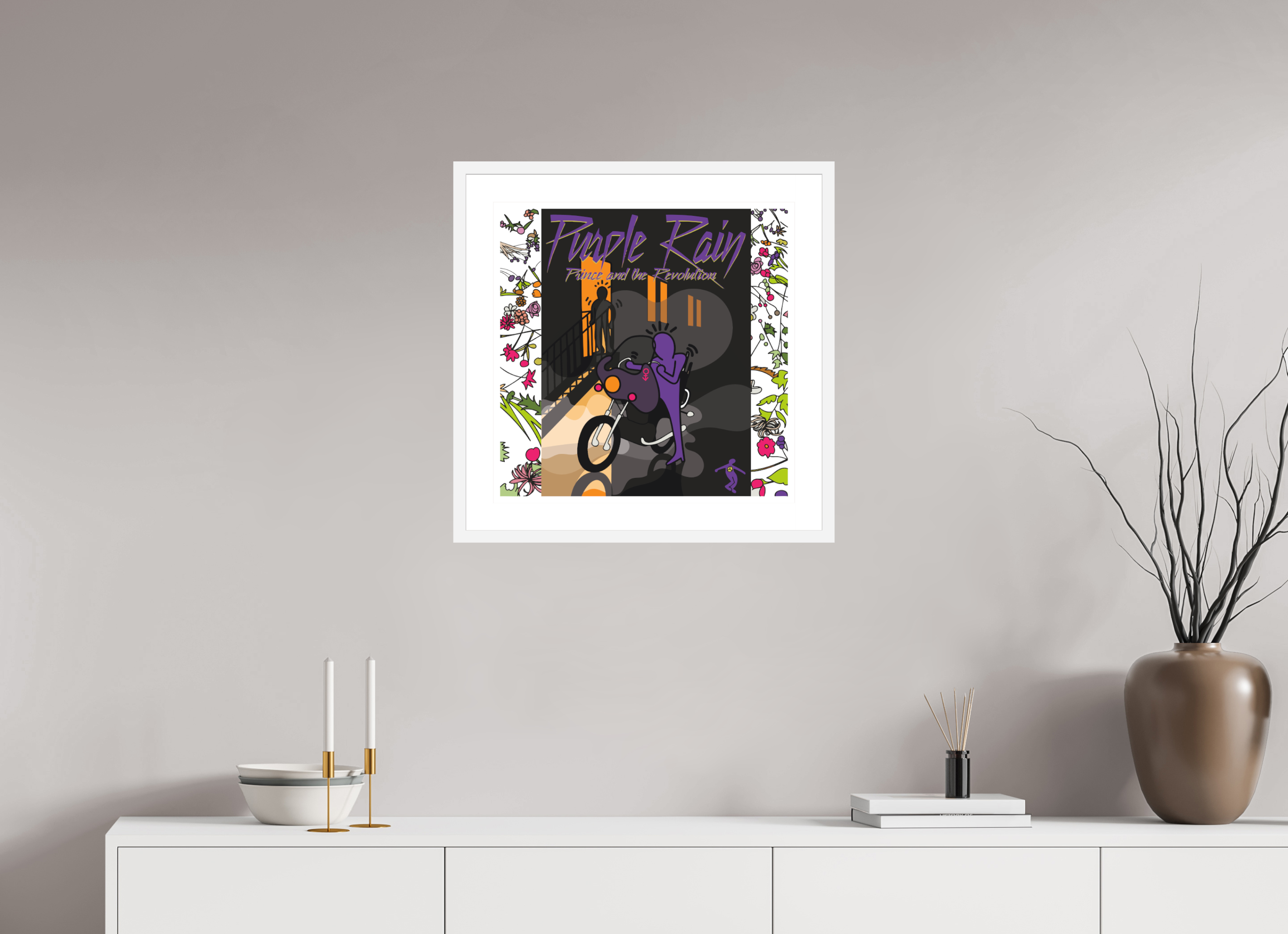 50 x 50 cm, FRAMED WHITE Purple rain